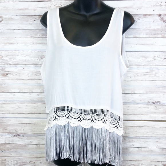 LF Tops - ALI+KRIS Ivory Boho Fringe Crochet Lace Tank Top